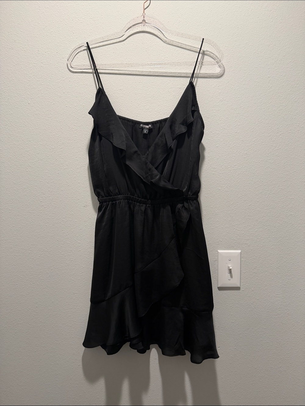 Express Black Ruffle-Trim Spaghetti Strap Dress